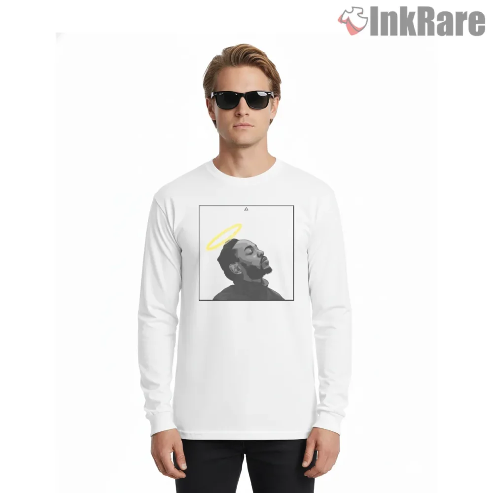 Kendrick Lamar Angel Halo Monochrome Portrait Shirt on white long sleeve shirt for men graphic tee