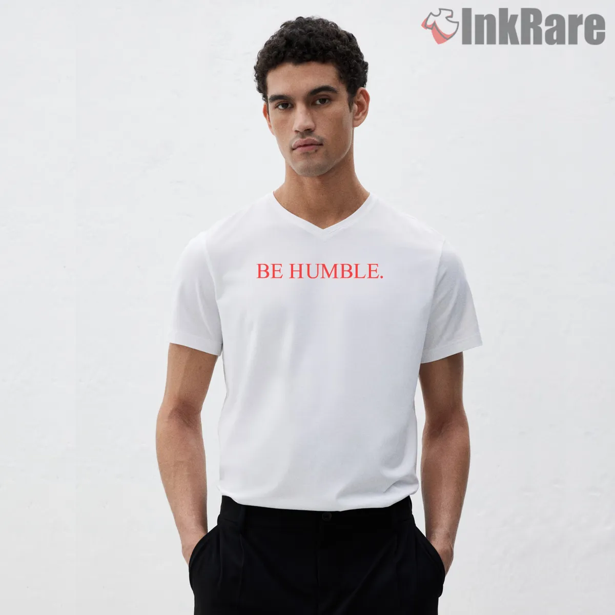 Kendrick Lamar Be Humble Minimal Typography V Neck White Kendrick Lamar Be Humble Minimal Typography Shirt on white v-neck shirt for men graphic tee