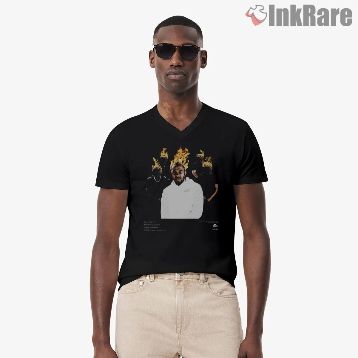 Kendrick Lamar Big Me Flaming Halo Portrait V Neck Black Kendrick Lamar Big Me Flaming Halo Portrait Shirt on black v-neck shirt for men graphic tee
