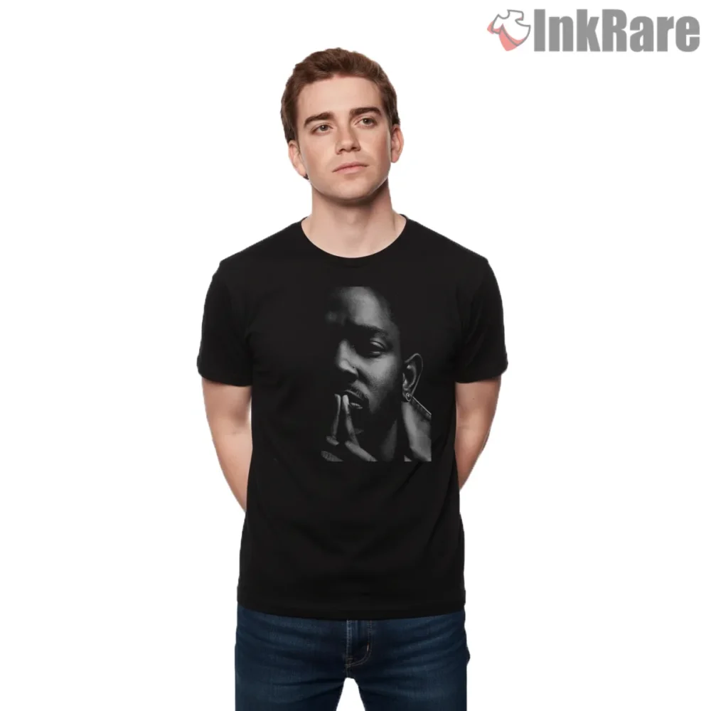 Kendrick Lamar Black And White Thoughtful Close Up Shirt on black short sleeve shirt for men graphic tee