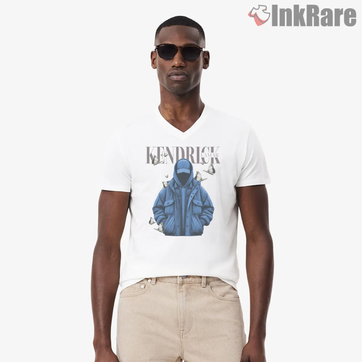 Kendrick Lamar Blue Hood Jacket Street Style V Neck White Kendrick Lamar Blue Hood Jacket Street Style Shirt on white v-neck shirt for men graphic tee