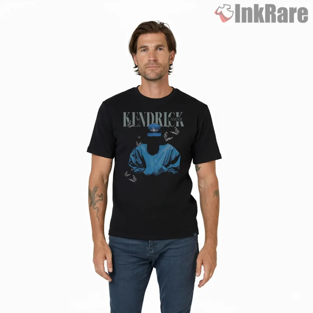 Kendrick Lamar Blue Hooded Pose Butterfly Graphic Shirt on black short sleeve shirt for men graphic tee