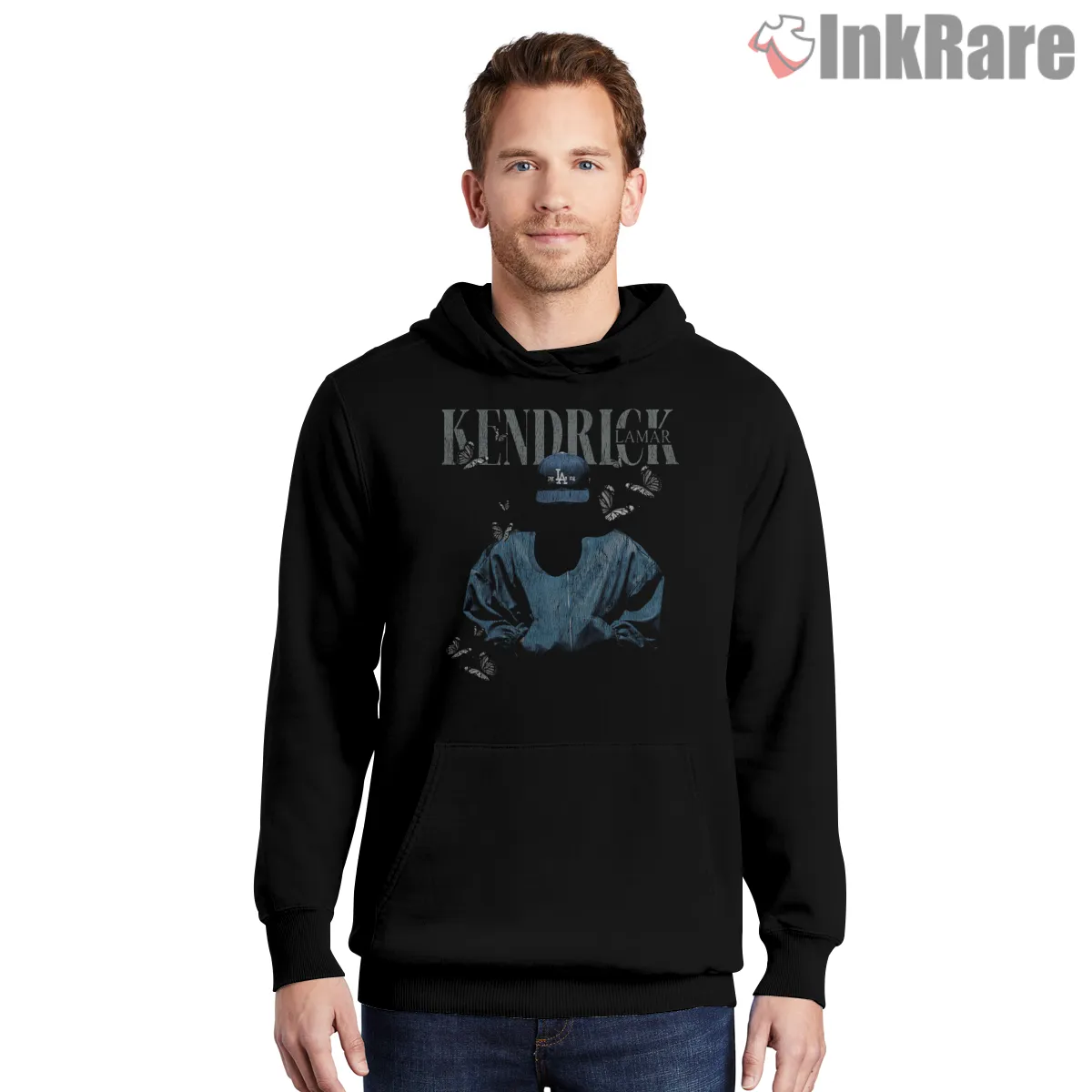 Kendrick Lamar Blue Hooded Vintage Butterfly Graphic Hoodie Black Kendrick Lamar Blue Hooded Vintage Butterfly Graphic Shirt on black hoodie for men graphic tee
