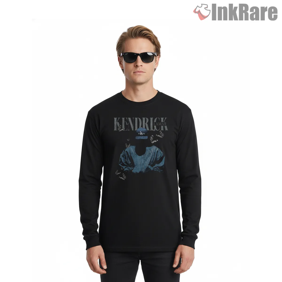 Kendrick Lamar Blue Hooded Vintage Butterfly Graphic Long Sleeve Black Kendrick Lamar Blue Hooded Vintage Butterfly Graphic Shirt on black long sleeve shirt for men graphic tee