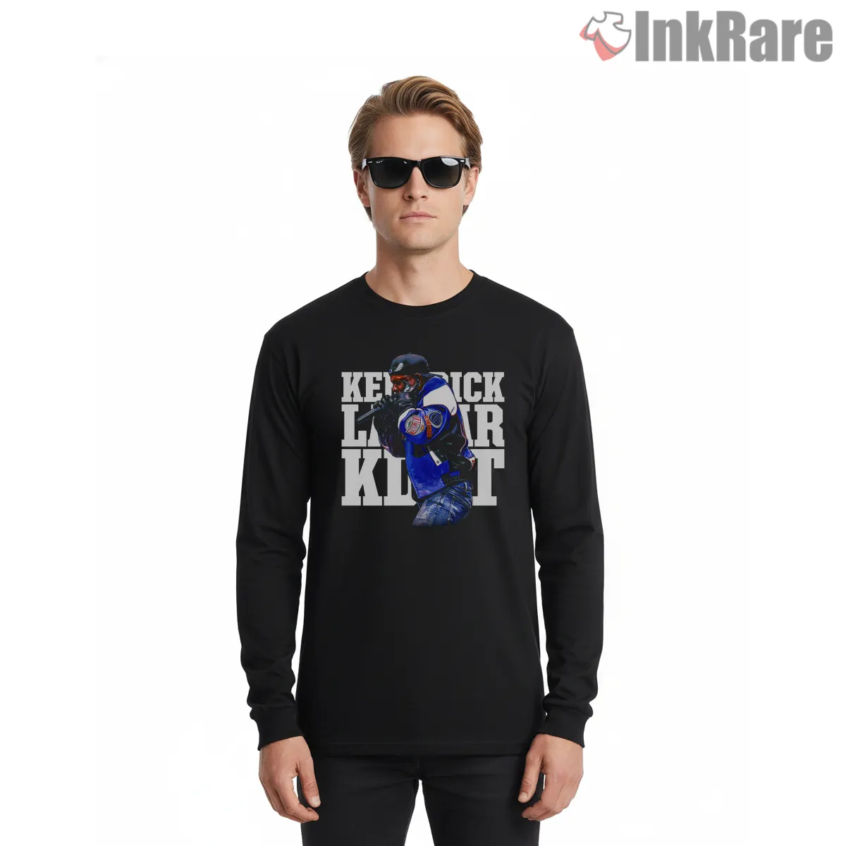Kendrick Lamar Blue Varsity Jacket Performance Pose Long Sleeve Black Kendrick Lamar Blue Varsity Jacket Performance Pose Shirt on black long sleeve shirt for men graphic tee