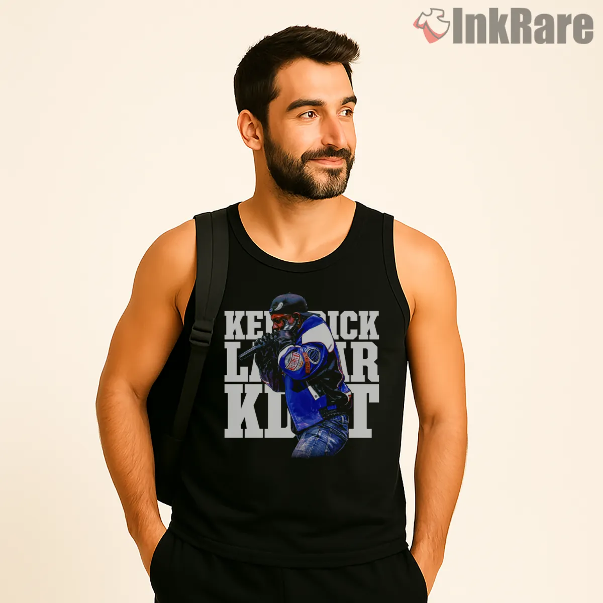 Kendrick Lamar Blue Varsity Jacket Performance Pose Tank Top Black Kendrick Lamar Blue Varsity Jacket Performance Pose Shirt on black tank top for men graphic tee