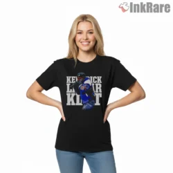 Kendrick Lamar Blue Varsity Jacket Performance Pose Shirt on black short sleeve shirt for women graphic tee
