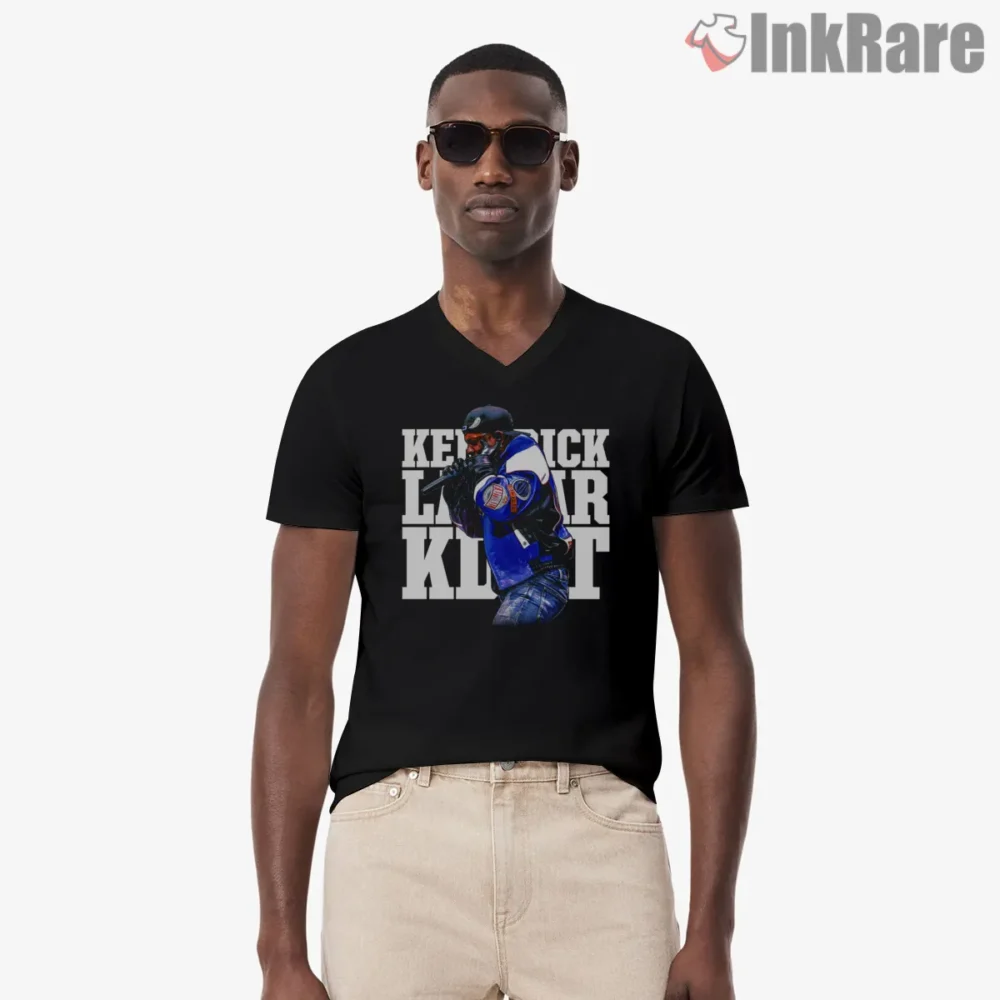 Kendrick Lamar Bold Graphic Street Portrait Art Shirt on black v-neck shirt for men graphic tee