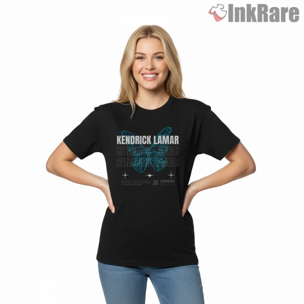 Kendrick Lamar Butterfly Wings Repeated Logo Graphic Shirt on black short sleeve shirt for women graphic tee