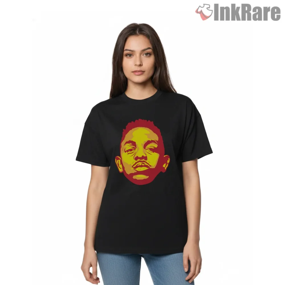 Kendrick Lamar Childhood Inspired Bold Color Portrait Shirt on black short sleeve shirt for women graphic tee