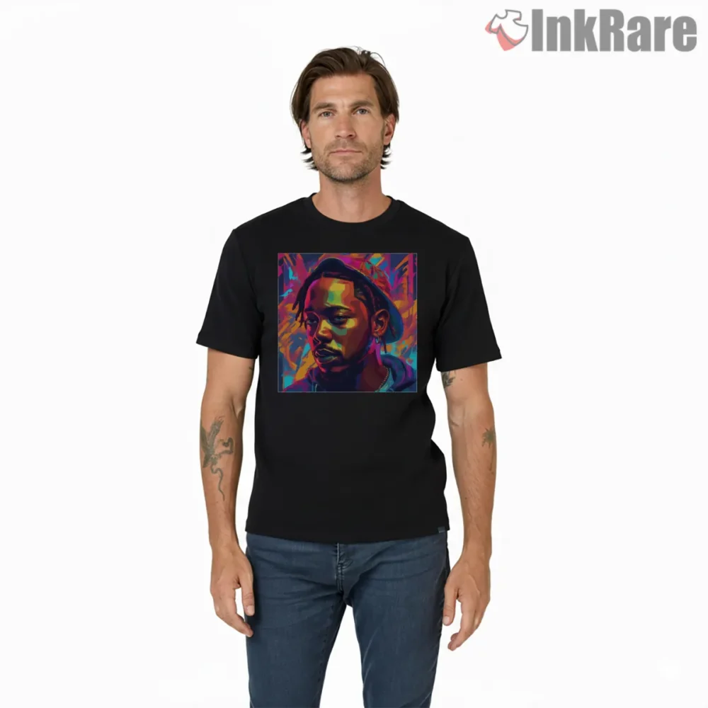 Kendrick Lamar Color Splash Painterly Portrait Art Shirt on black short sleeve shirt for men graphic tee