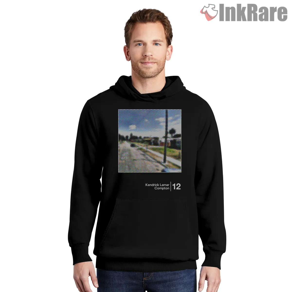 Kendrick Lamar Compton Minimal Halftone Street View Shirt on black hoodie for men graphic tee