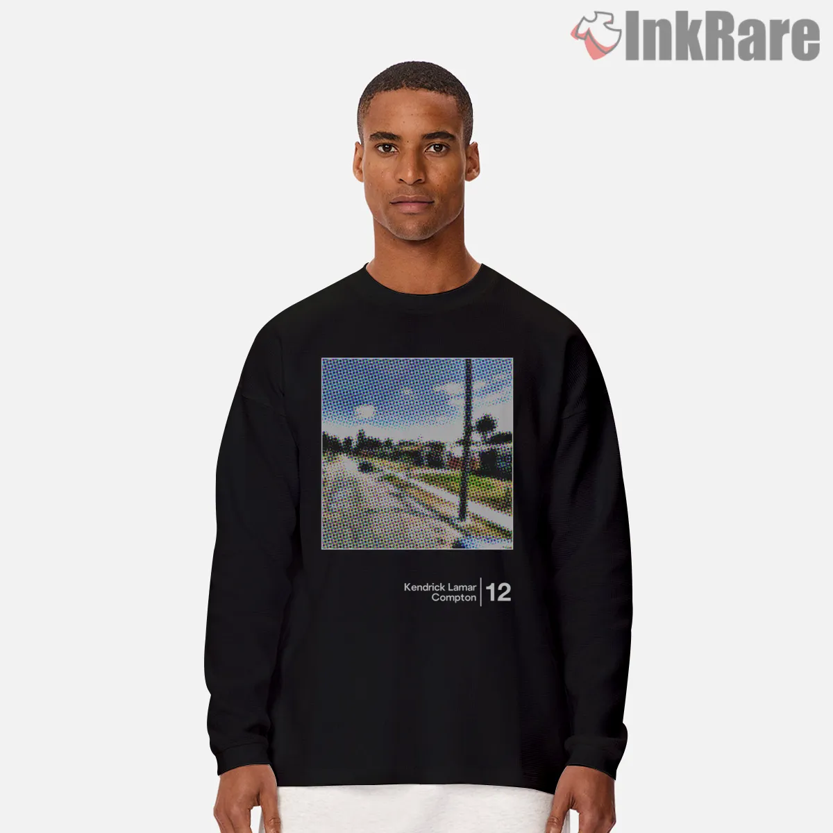 Kendrick Lamar Compton Minimal Halftone Street View Long Sleeve Black Kendrick Lamar Compton Minimal Halftone Street View Shirt on black long sleeve shirt for men graphic tee