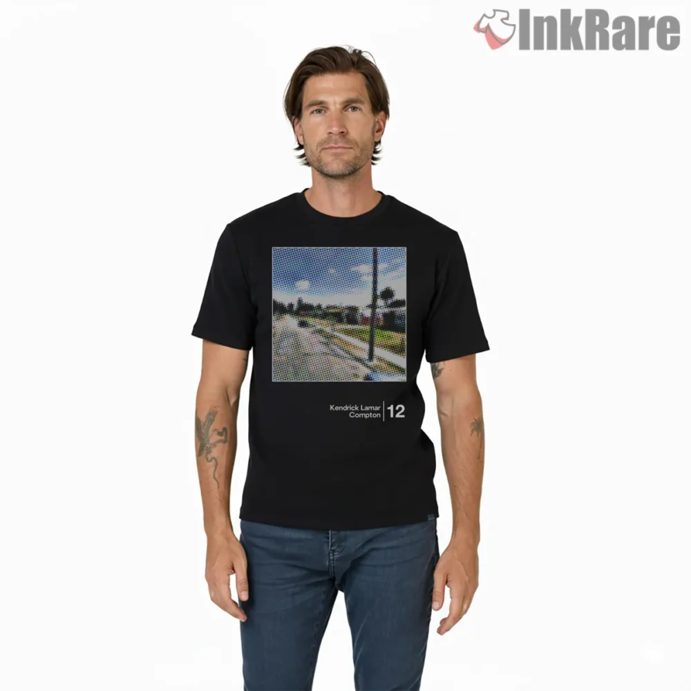 Kendrick Lamar Compton Minimal Halftone Street View Shirt on black short sleeve shirt for men graphic tee