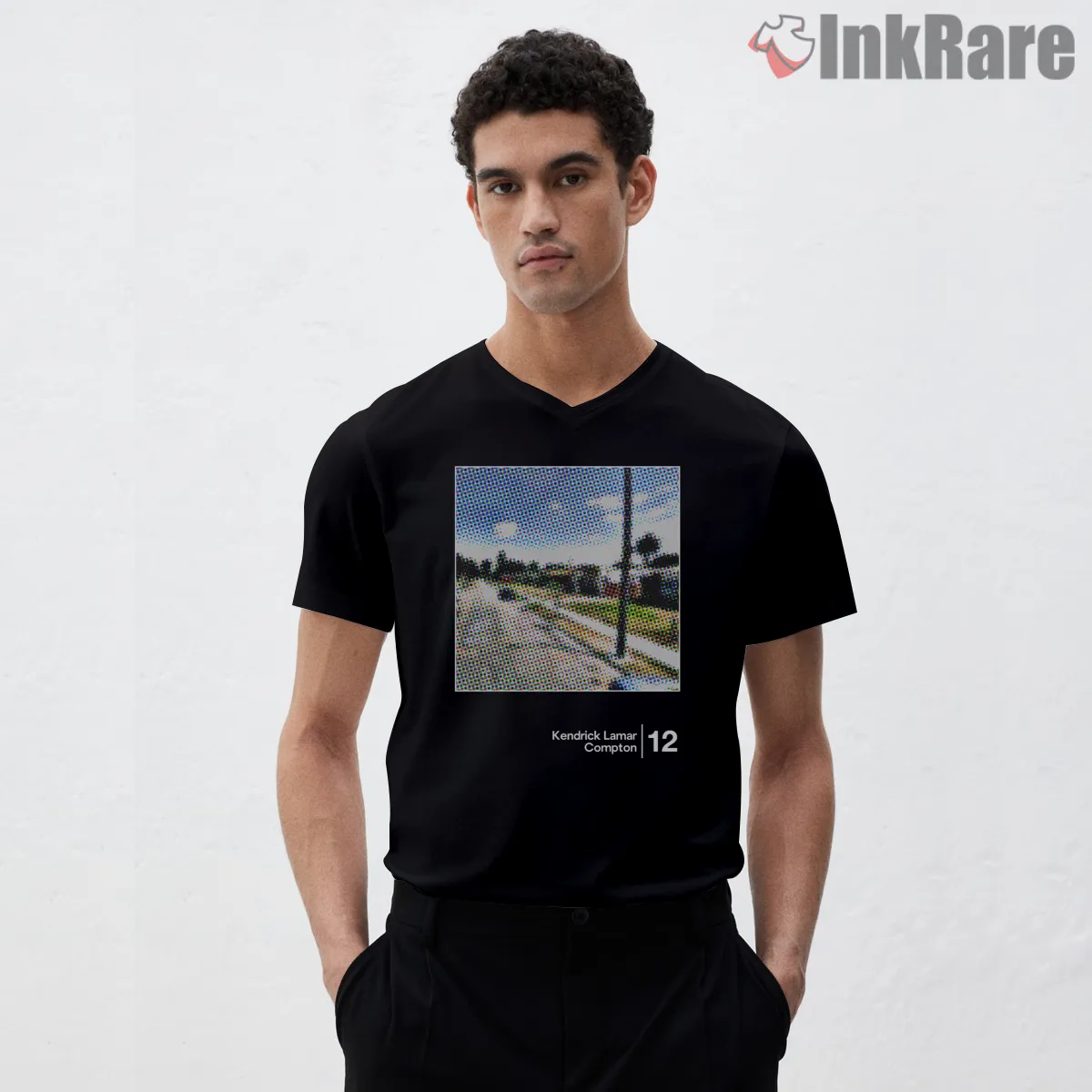 Kendrick Lamar Compton Minimal Halftone Street View V Neck Black Kendrick Lamar Compton Minimal Halftone Street View Shirt on black v-neck shirt for men graphic tee