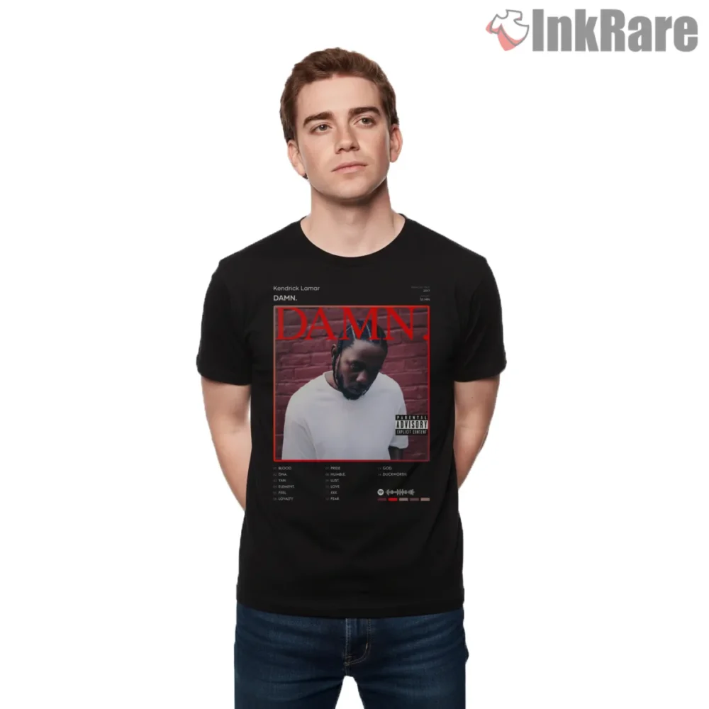 Kendrick Lamar Damn Album Cover Tracklist Art Shirt on black short sleeve shirt for men graphic tee