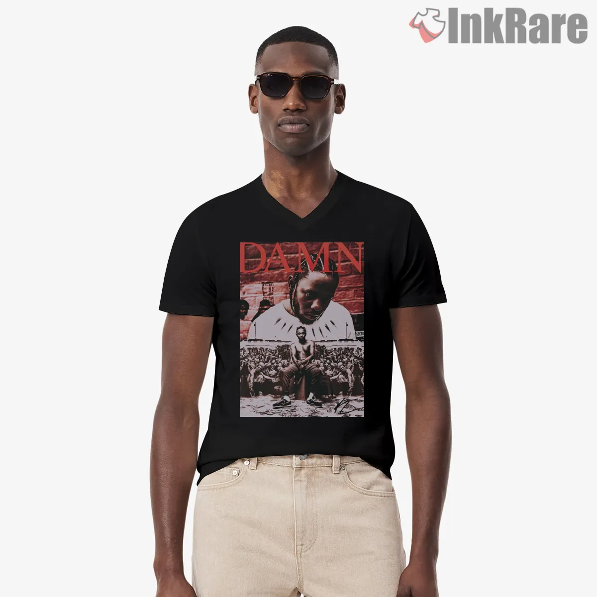 Kendrick Lamar Damn Crowd On Red Classic Cover V Neck Black Kendrick Lamar Damn Crowd On Red Classic Cover Shirt on black v-neck shirt for men graphic tee