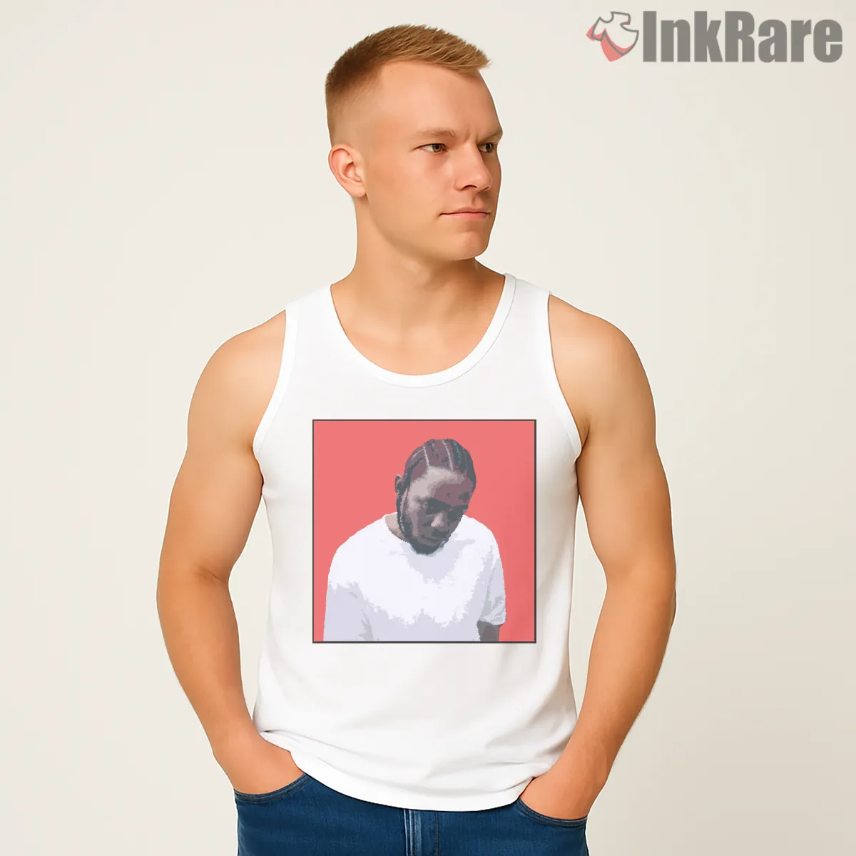 Kendrick Lamar Damn Era Pixel Portrait Red Shirt on white tank top for men graphic tee