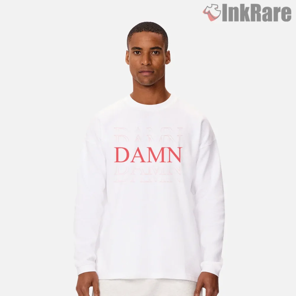 Kendrick Lamar Damn Minimal Repeating Logo Shirt on white long sleeve shirt for men graphic tee