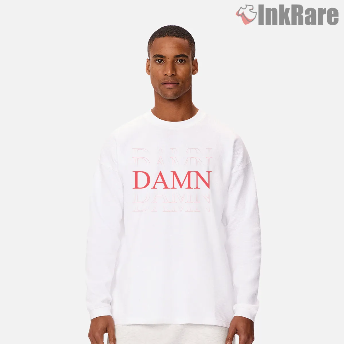 Kendrick Lamar Damn Minimal Repeating Logo Long Sleeve White Kendrick Lamar Damn Minimal Repeating Logo Shirt on white long sleeve shirt for men graphic tee