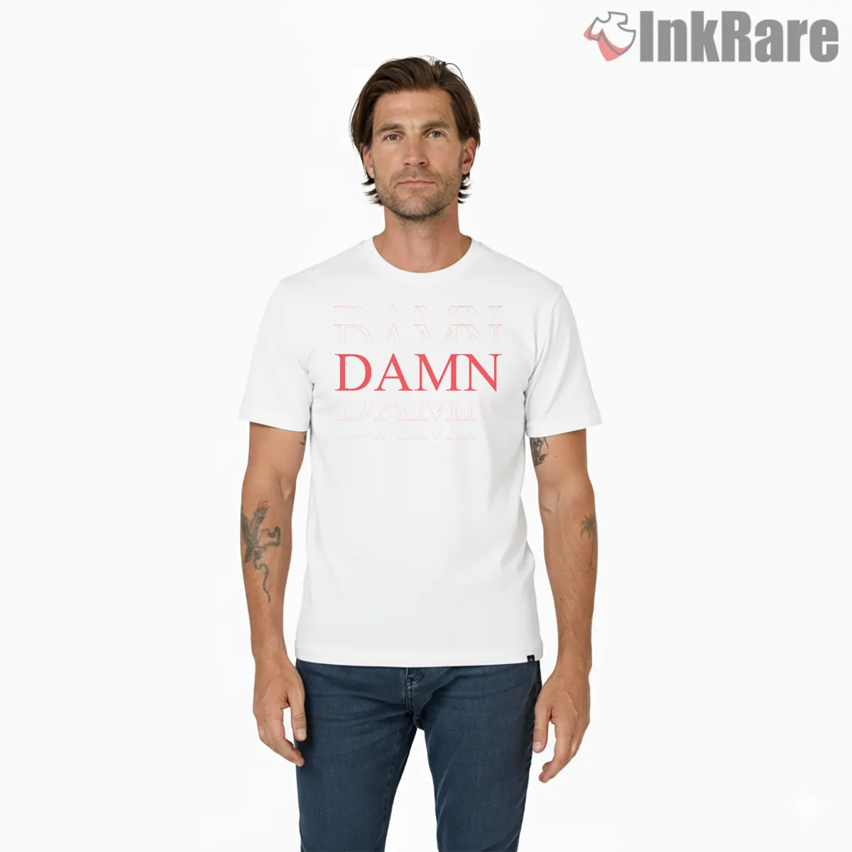 Kendrick Lamar Damn Minimal Repeating Logo Shirt on white short sleeve shirt for men graphic tee