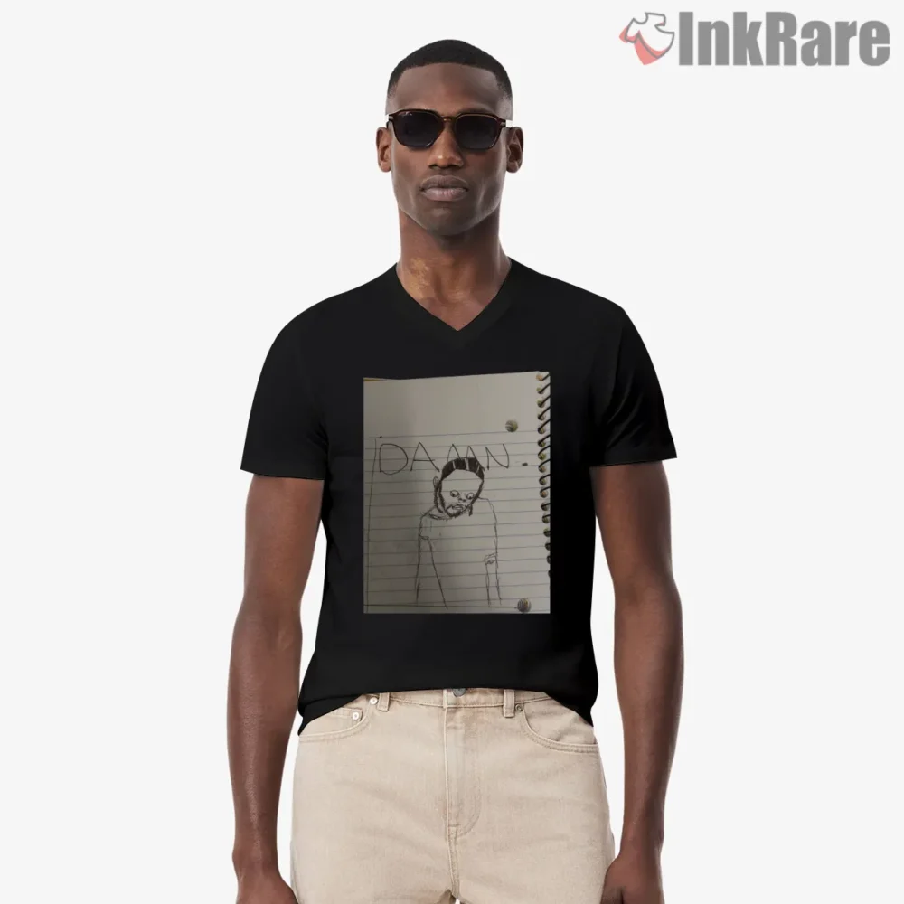 Kendrick Lamar Damn Spiral Notebook Sketch Art Shirt on black v-neck shirt for men graphic tee