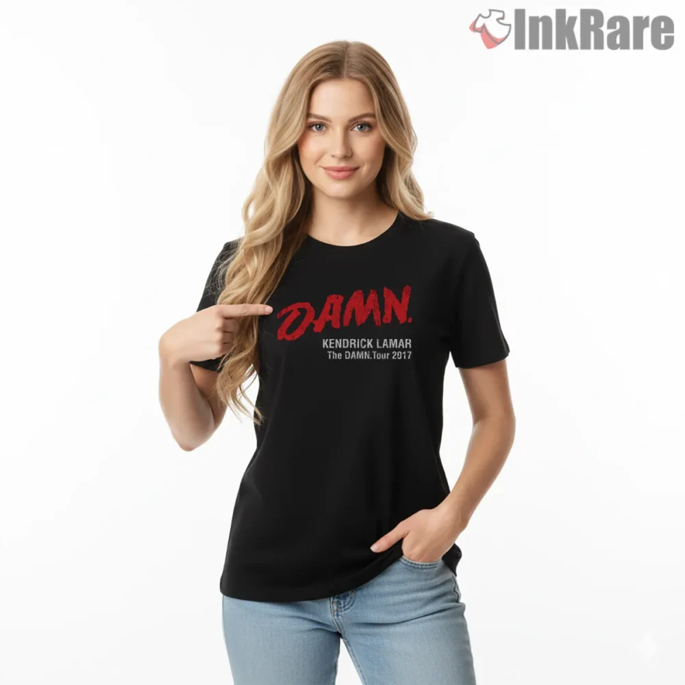 Kendrick Lamar Damn Tour Red Logo Typography Shirt on black short sleeve shirt for women graphic tee