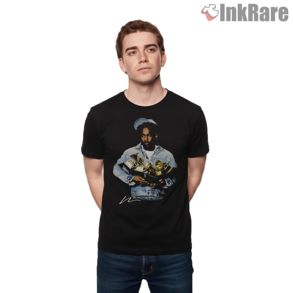 Kendrick Lamar Dot At The Grammys Trophy Shirt on black short sleeve shirt for men graphic tee