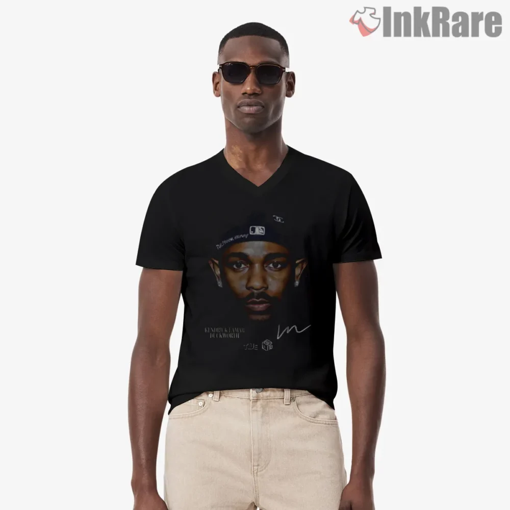 Kendrick Lamar Duckworth Story Portrait Shirt on black v-neck shirt for men graphic tee