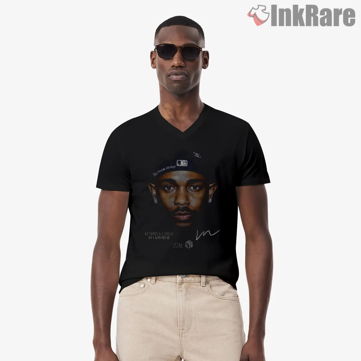 Kendrick Lamar Duckworth Story Portrait V Neck Black Kendrick Lamar Duckworth Story Portrait Shirt on black v-neck shirt for men graphic tee