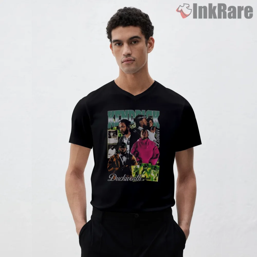 Kendrick Lamar Duckworth Storyboard Album Art Shirt on black v-neck shirt for men graphic tee