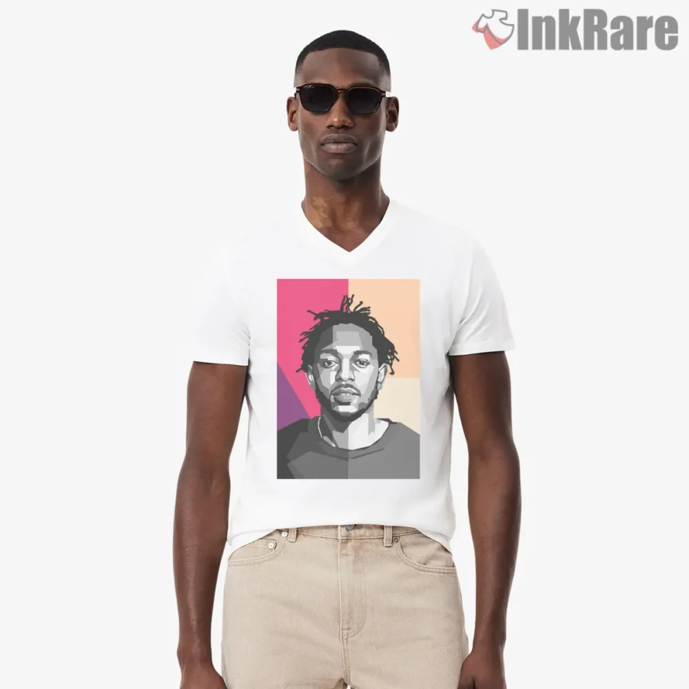 Kendrick Lamar Geometric Block Color Portrait Art Shirt on white v-neck shirt for men graphic tee