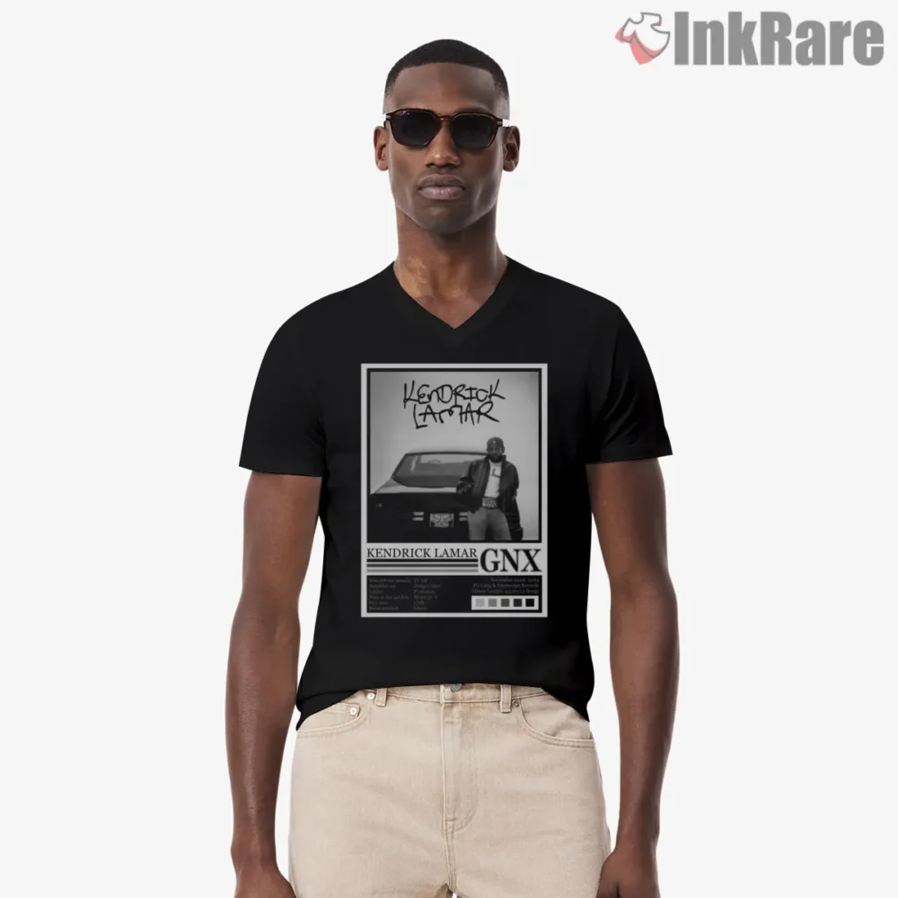 Kendrick Lamar Gnx Album Art Black And White Credits Shirt on black v-neck shirt for men graphic tee