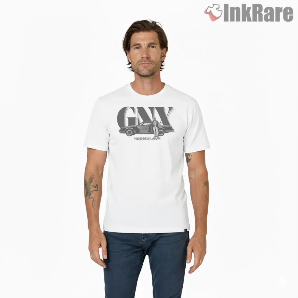 Kendrick Lamar Gnx Album Cover Monochrome Car Art Shirt on white short sleeve shirt for men graphic tee