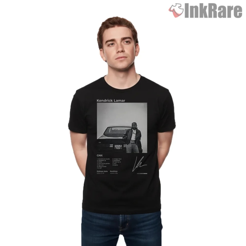 Kendrick Lamar Gnx Album Cover Tracklist Graphic Shirt on black short sleeve shirt for men graphic tee