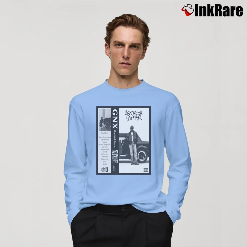 Men’s Kendrick Lamar GNX Album Design Cassette Tape Long-Sleeve Shirt in light blue | Sleek, Lightweight, Year-Round Wear