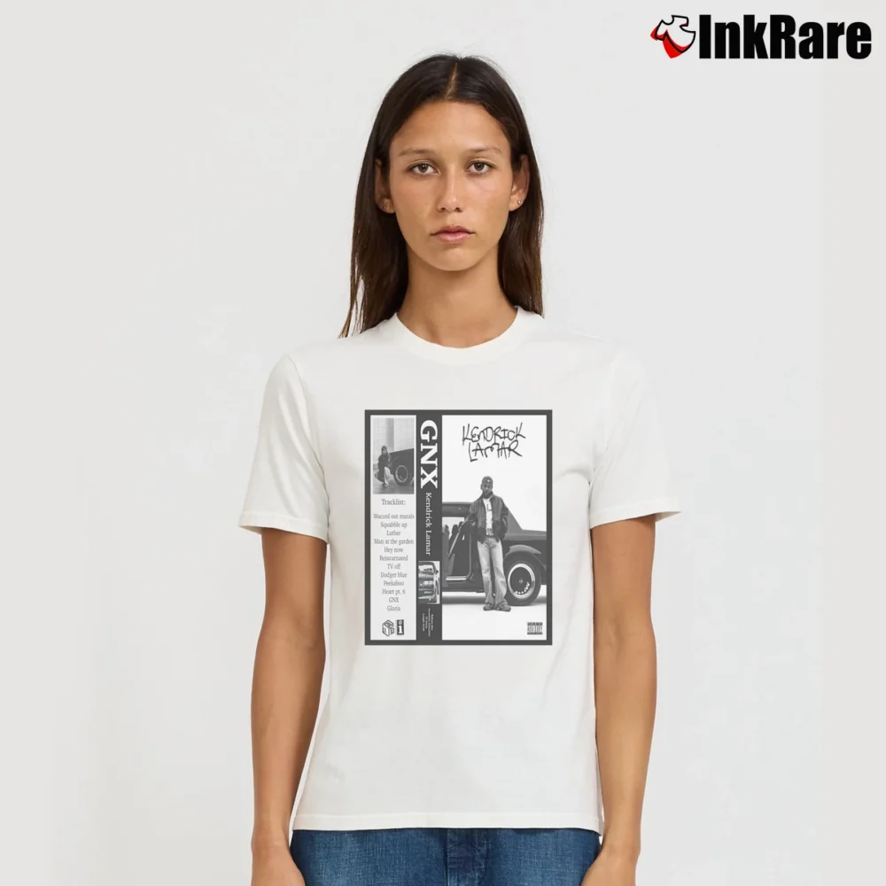 Women’s Kendrick Lamar GNX Album Design Cassette Tape Signature T-Shirt in white | Soft, Flattering Fit