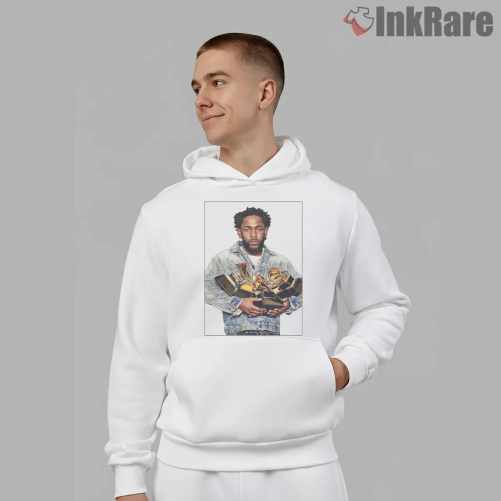 Kendrick Lamar Grammy Awards Stacked Trophy Moment Shirt on white hoodie for men graphic tee