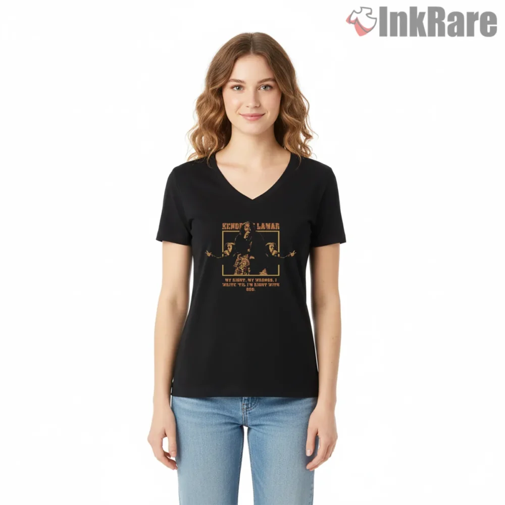 Kendrick Lamar I Write Till I Am Right With God Shirt on black v-neck shirt for women graphic tee