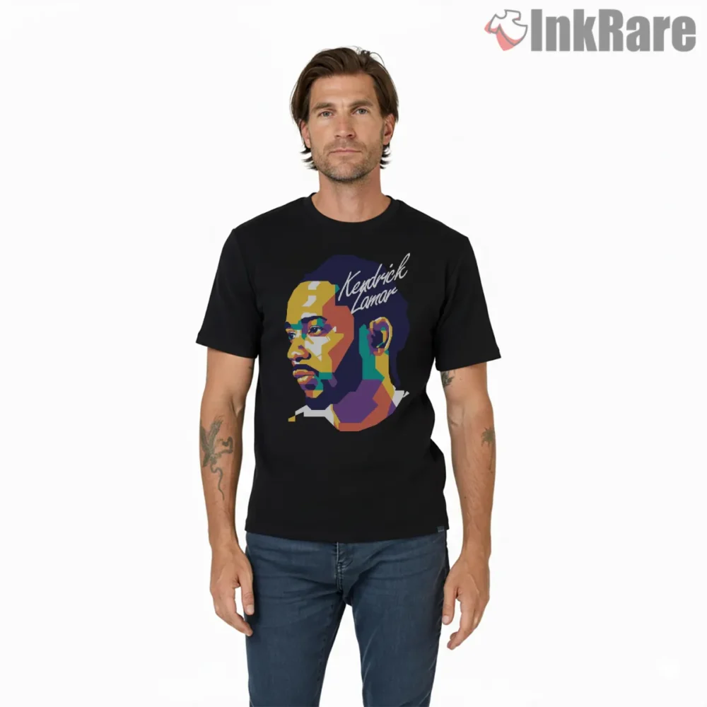 Kendrick Lamar Iconic Wpap Cubist Color Portrait Shirt on black short sleeve shirt for men graphic tee
