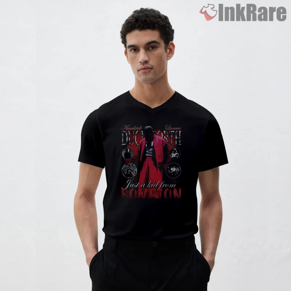 Kendrick Lamar Just A Kid From Bompton Red Coat Shirt on black v-neck shirt for men graphic tee