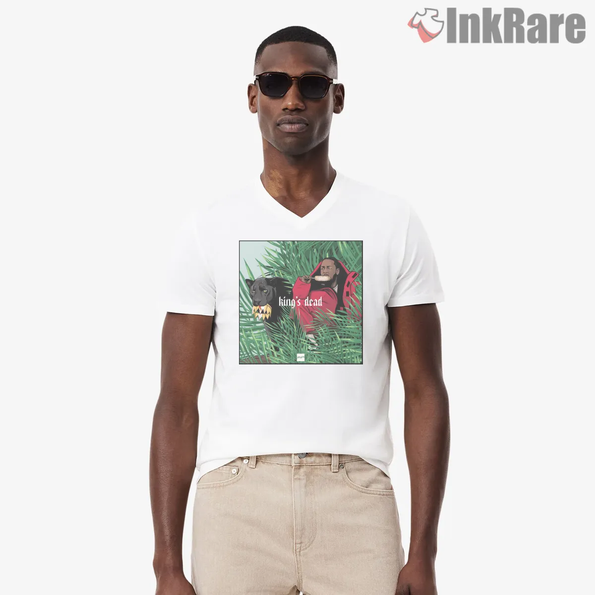 Kendrick Lamar Kings Dead Panther Throne Tribute V Neck White Kendrick Lamar Kings Dead Panther Throne Tribute Shirt on white v-neck shirt for men graphic tee