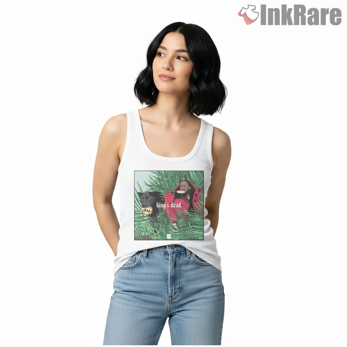 Kendrick Lamar Kings Dead Panther Throne Tribute Tank Top White Kendrick Lamar Kings Dead Panther Throne Tribute Shirt on white tank top for women graphic tee