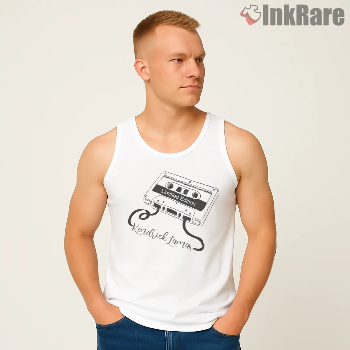 Kendrick Lamar Limited Edition Cassette Tape Script Tank Top White Kendrick Lamar Limited Edition Cassette Tape Script Shirt on white tank top for men graphic tee