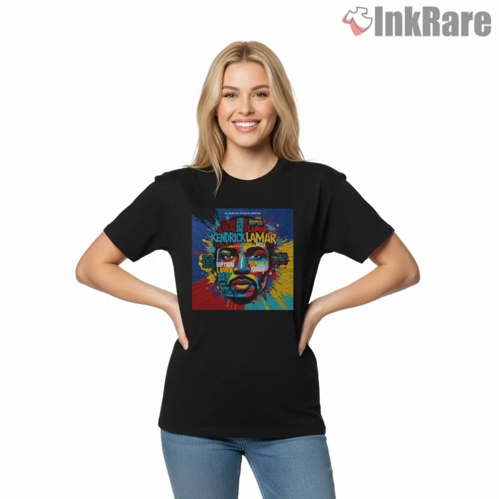 Kendrick Lamar Lyric Splash Multicolor Face Art Shirt on black short sleeve shirt for women graphic tee