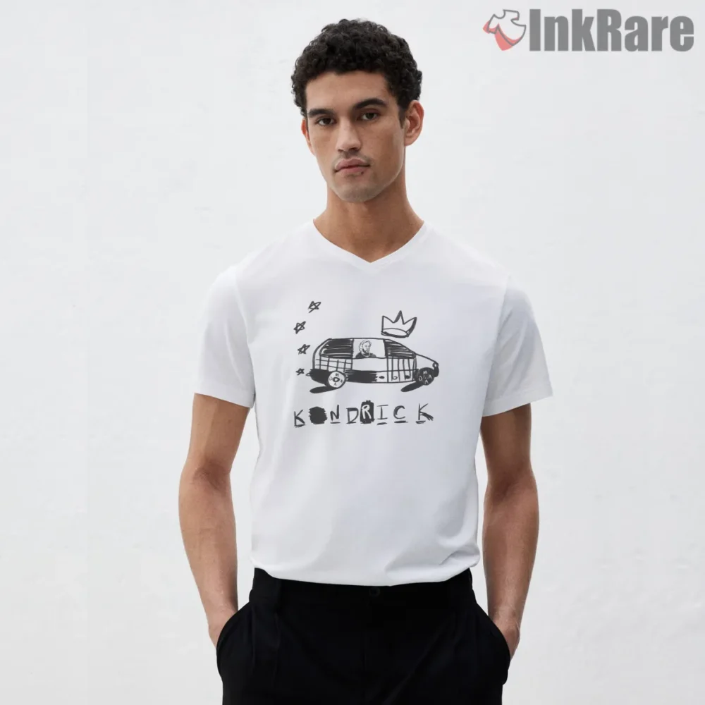 Kendrick Lamar Maad City Sketch Van Doodle Shirt on white v-neck shirt for men graphic tee