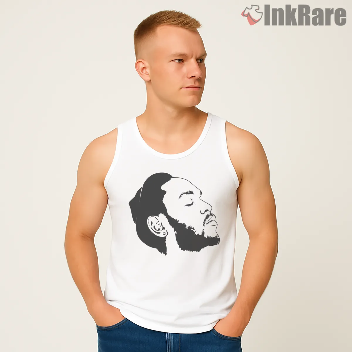 Kendrick Lamar Minimal Side Profile Line Drawing Tank Top White Kendrick Lamar Minimal Side Profile Line Drawing Shirt on white tank top for men graphic tee