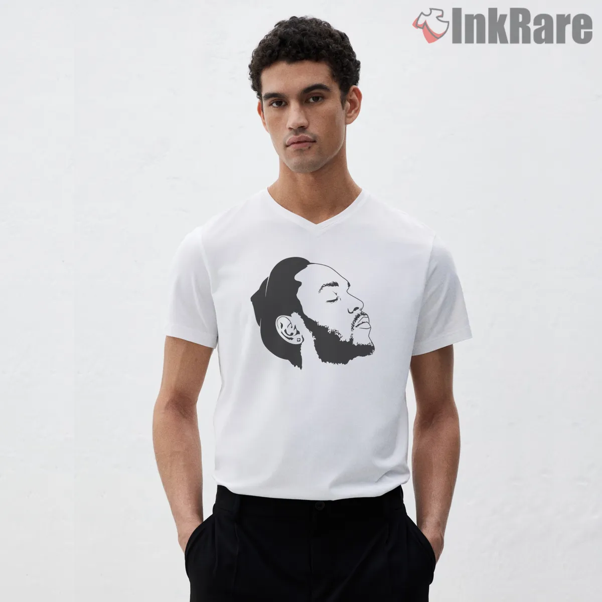 Kendrick Lamar Minimal Side Profile Line Drawing V Neck White Kendrick Lamar Minimal Side Profile Line Drawing Shirt on white v-neck shirt for men graphic tee