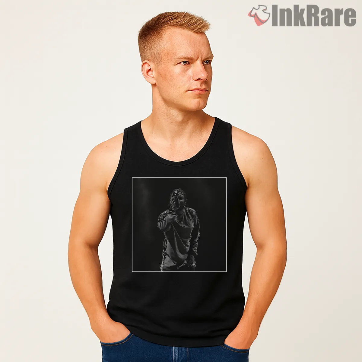 Kendrick Lamar Monochrome Live Mic Performance Tank Top Black Kendrick Lamar Monochrome Live Mic Performance Shirt on black tank top for men graphic tee