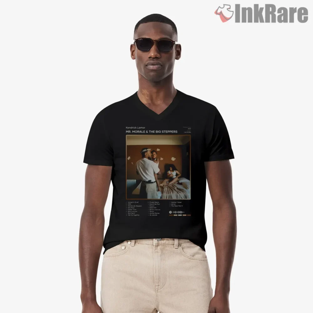 Kendrick Lamar Mr Morale Tracklist Poster Style Shirt on black v-neck shirt for men graphic tee